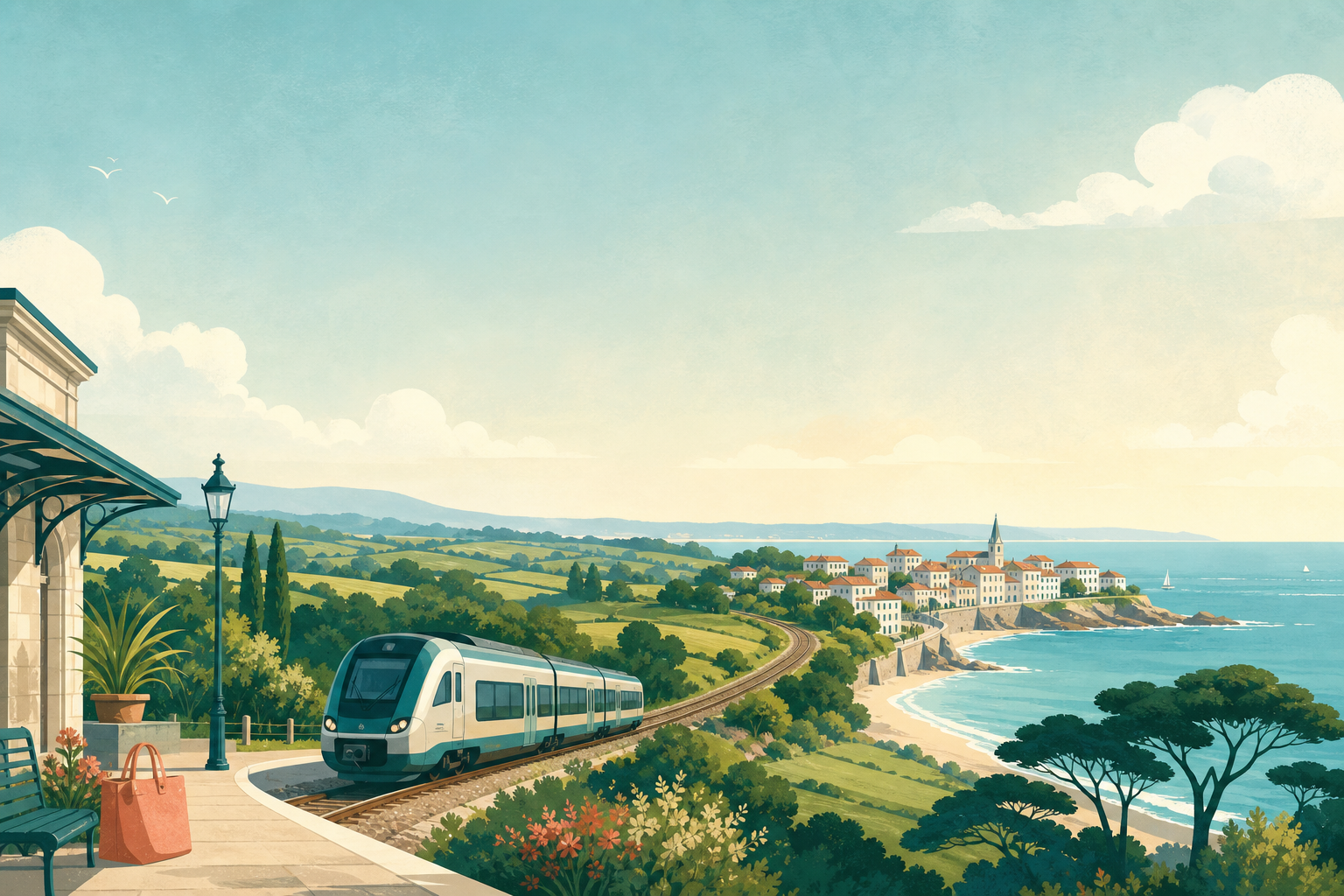 Un train régional relie la campagne à une ville du littoral